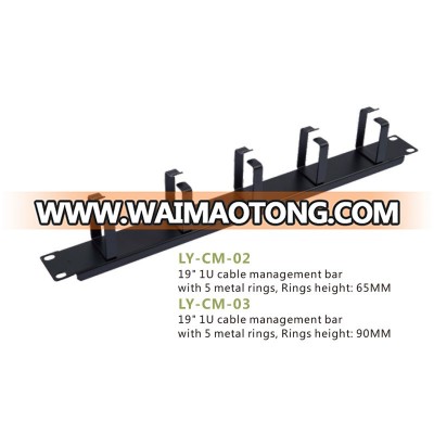 LY-CM-02 Model 19" 1U Cable Management Bar With 5 Metal Rings, 65MM Rings Cable Manager