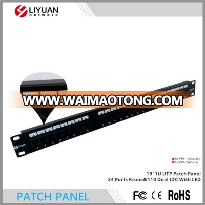 LY-PP5-14  High quality 19"1U UTP Cat5e 24 Ports Dual IDC Patch Panel With Led